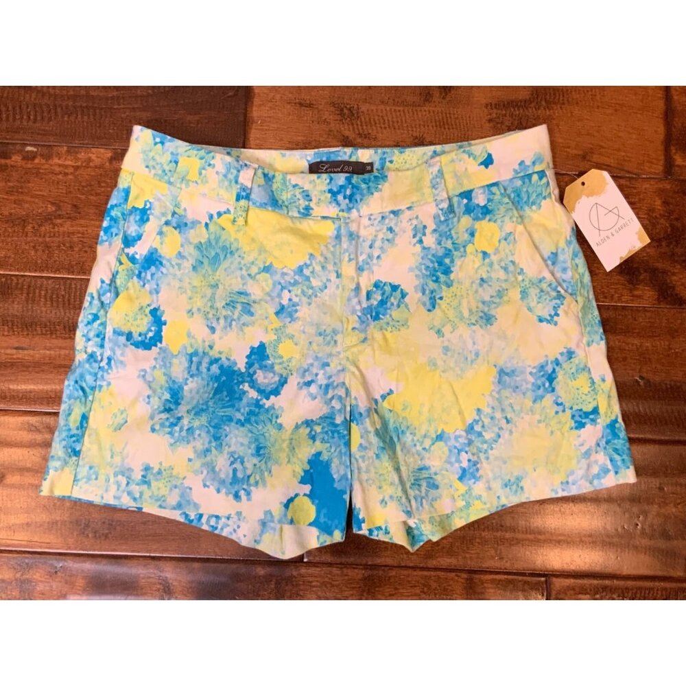 Level 99 Blue, White & Yellow Floral Flat Front Shorts, Size 28